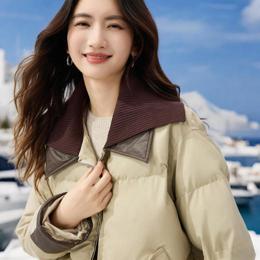  【年货节】熙世界巴恩风针织翻领拼接羽绒棉衣棉服女冬装小个子短款棉袄外套 商品图4