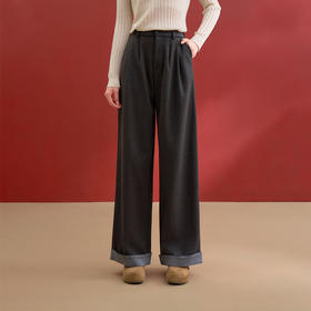 西遇休闲裤直筒垂感女秋季新款卷边条纹拼接宽松阔腿长裤V0055467/SS051511