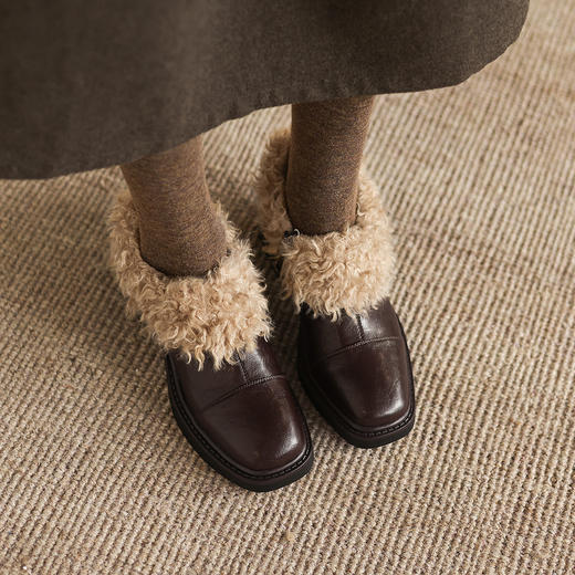 阿么手工女鞋加绒加厚毛毛鞋复古粗跟及踝真皮方头小短靴冬季6CM 商品图2