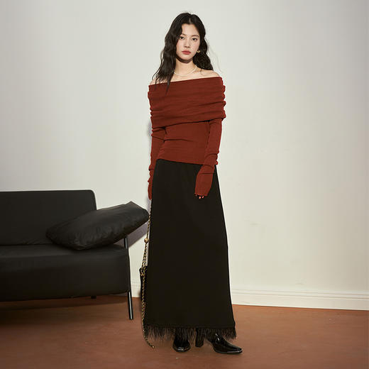 高级感一字领纯色T恤女新款收腰修身长袖针织衫V1831983 商品图5