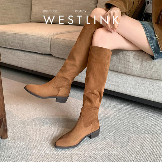 西遇美拉德长筒靴女新款秋冬显瘦西部牛仔堆堆靴粗跟高筒长靴V2157200 商品图1