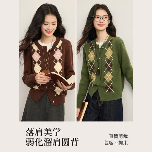 【12/17新品】熙世界学院风撞色菱形格毛衣短外套女秋冬复古北极绒加厚针织开衫 商品图3