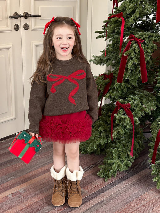 【韩版！蝴蝶夹针织毛衣】艾摩贝贝童装 韩版2025冬季款 女童洋气甜美蝴蝶结提花加厚针织毛衣 商品图2