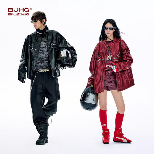 BJHG不计后果美式冲孔皮衣夹克外套男款春2026新款立领PU皮上衣女 商品图1