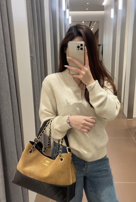 代工厂新款麂皮拼纯皮托特hobo大容量链条单肩斜挎包 商品图3