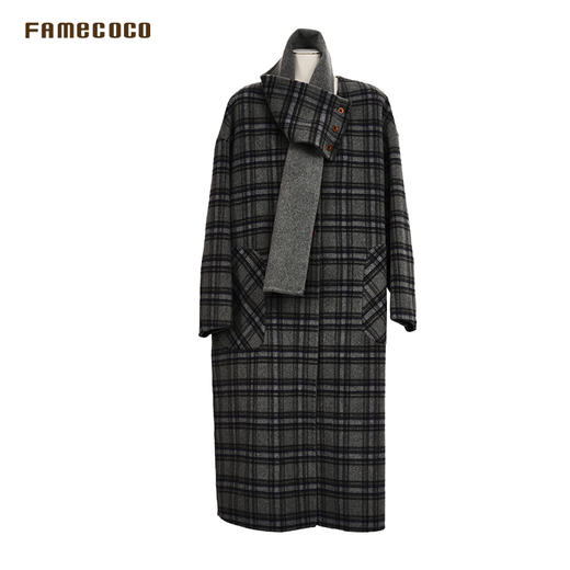 Famecoco范可儿围巾领格纹羊毛大衣长款宽松双面尼外套FAD8AQ122 商品图4