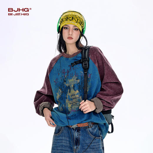 BJHG不计后果美式灯芯绒圆领卫衣男 冬新款做旧水洗印花长袖T恤女 商品图3
