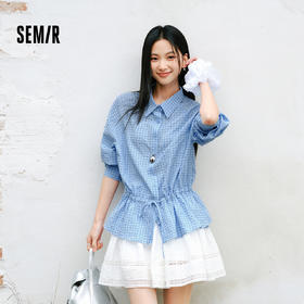 森马长袖衬衫女春中长款插肩袖格纹肌理抽绳2026新款慵懒文艺上衣