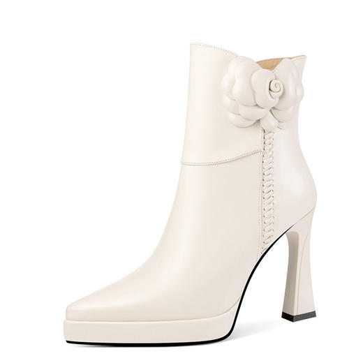 【预售5天】尖头防水台高跟厚底短靴粗跟花朵装饰气质时装靴ZX-7771 商品图3