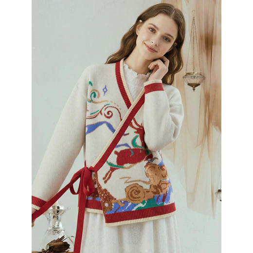 两三事 灵踪雪野 2025冬季新款中国风绑带花色毛衣开衫女宽松 商品图2