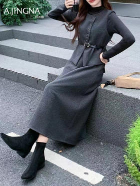 【韩系三件套】阿菁娜冬季新款韩系三件套毛呢马甲半身裙套装显瘦剪裁高腰设计F30D230006