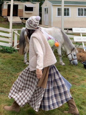 浮生八记/25C189/25D269/格纹不规则拼接手工花朵刺绣半裙