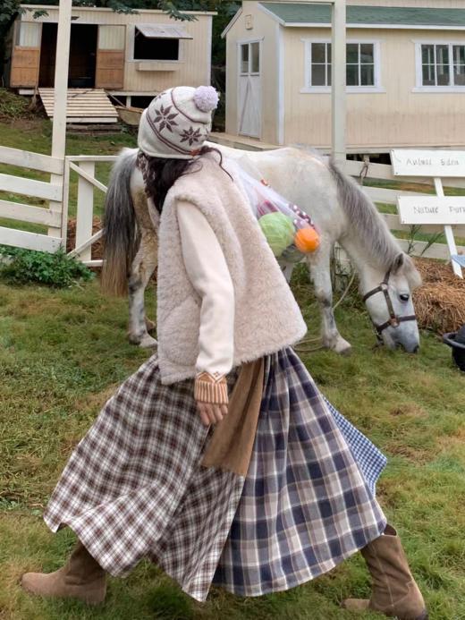 浮生八记/25C189/25D269/格纹不规则拼接手工花朵刺绣半裙 商品图0