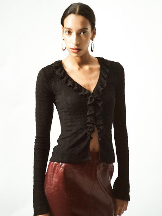 TR她热 甜酷法则 黑色弹力针织复古小花荷叶边衬衫开衫 商品图3