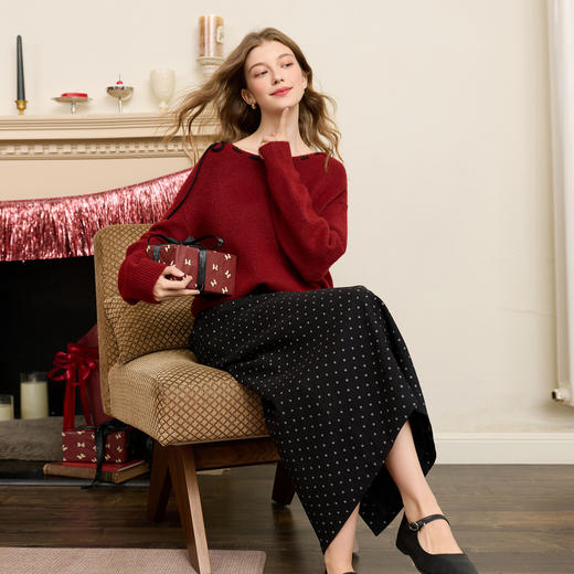 三彩2026春季新款复古波点直筒裙半身裙高腰长裙开叉M 商品图3