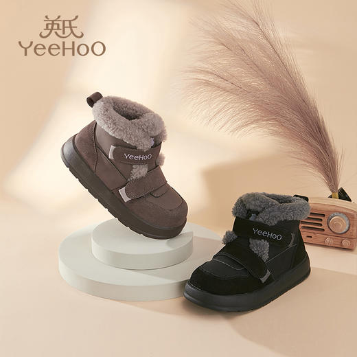 英氏中大童加绒加厚防滑棉靴冬季保暖防寒魔术贴短筒运动棉鞋YHTY244016 商品图0