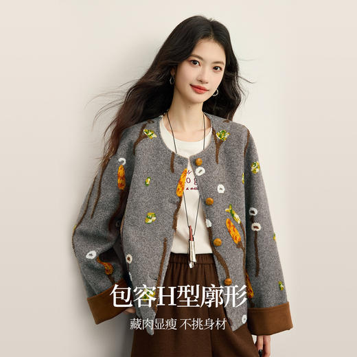 【12/17新品】熙世界手工绣花毛呢外套女小香风圆领休闲短款呢大衣2025秋冬新款 商品图2