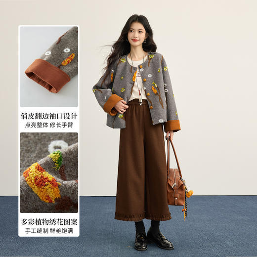 【12/17新品】熙世界手工绣花毛呢外套女小香风圆领休闲短款呢大衣2025秋冬新款 商品图1