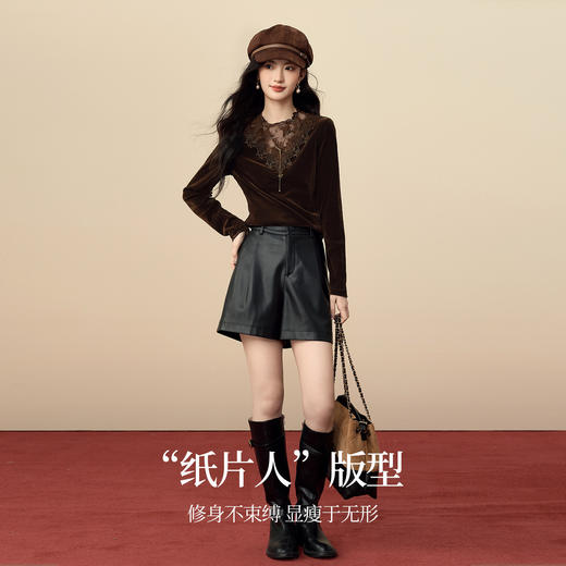 【12/17新品】熙世界复古咖色丝绒打底衫女高级感秋冬蕾丝花边拼接正肩T恤上衣 商品图2