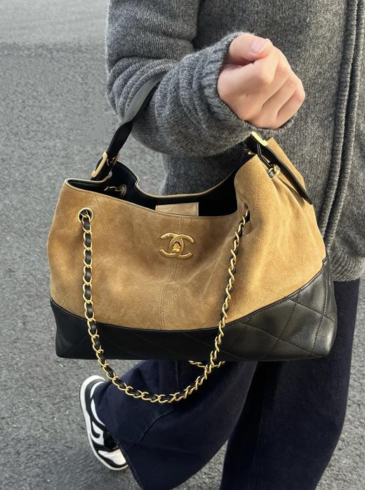 代工厂新款麂皮拼纯皮托特hobo大容量链条单肩斜挎包 商品图11