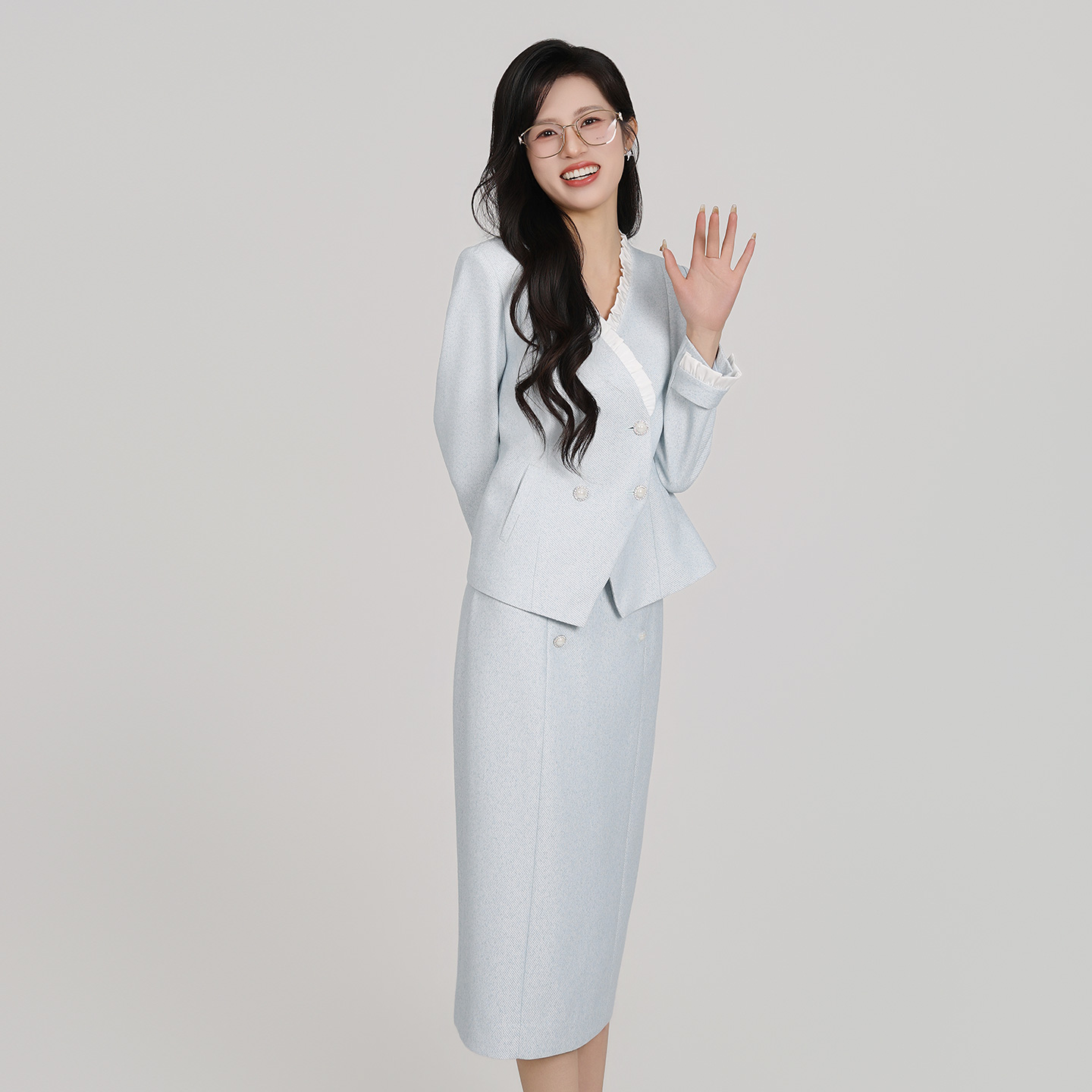 法小曼*子珍蓝色清新艺考主持人西装半裙套装女小香风优雅职业正装套裙