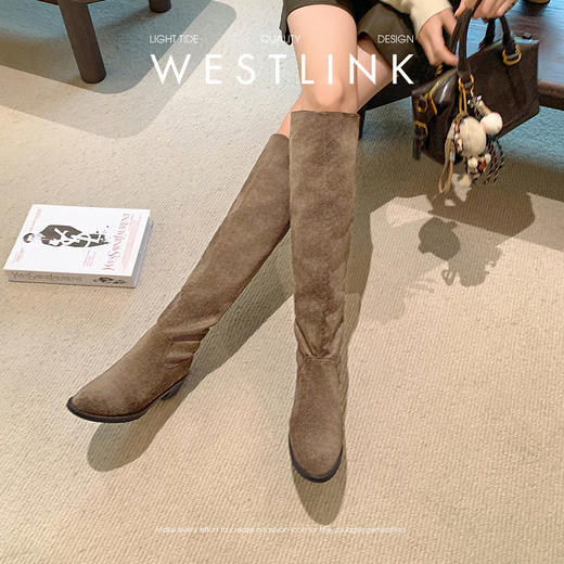 西遇美拉德长筒靴女新款秋冬显瘦西部牛仔堆堆靴粗跟高筒长靴V2157200 商品图2
