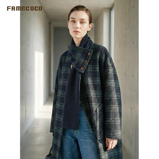 Famecoco范可儿围巾领格纹羊毛大衣长款宽松双面尼外套FAD8AQ122 商品图1