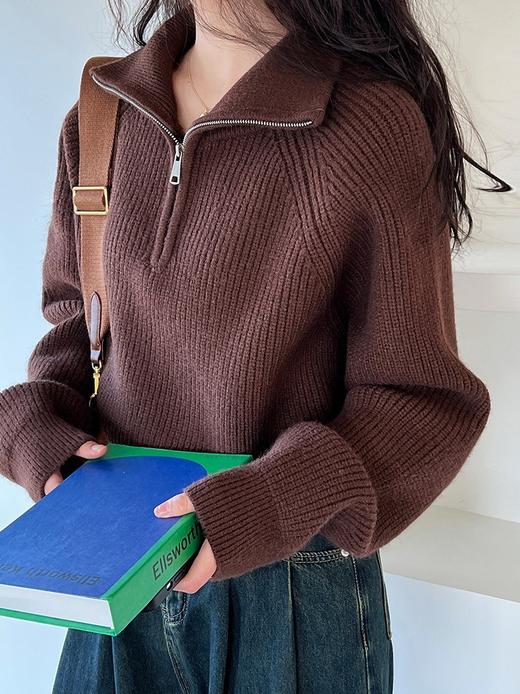 【韩系！高奢短款针织衫】半拉链纯色立领短款针织衫 上衣毛衣 女秋冬新款外套  洋气立领拉链毛衣 商品图2