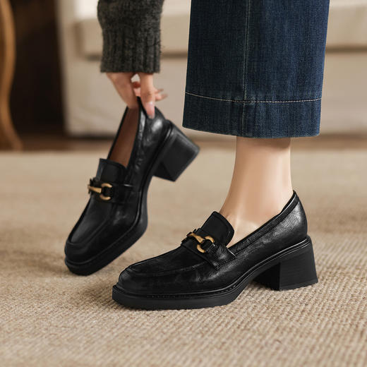 阿么手工女鞋一脚蹬马衔扣乐福鞋高跟女6CM厚底软底通勤真皮单鞋 商品图1