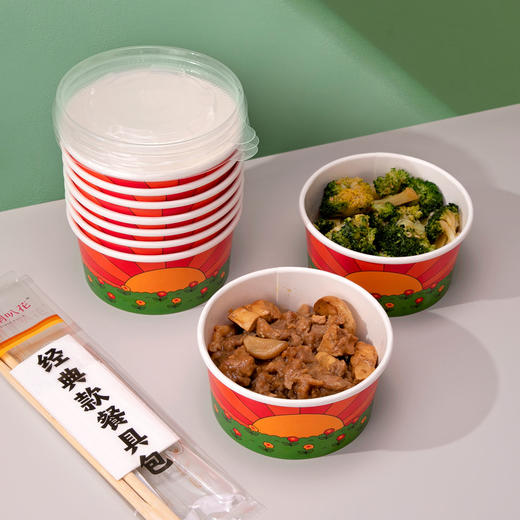 喇叭花一次性纸碗加厚圆形外卖小吃糖水打包餐盒花田日出汤碗带盖 商品图0