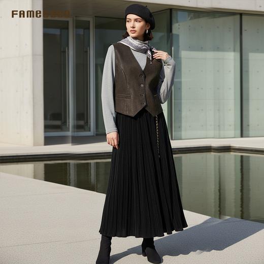 Famecoco范可儿高级复古纯色百褶裙优雅百搭长款半身裙FAD8HA112 商品图4
