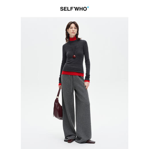 SELFWHO羊绒混纺灰色阔腿裤女2025冬季新款宽松抽绳松紧腰休闲裤 商品图1