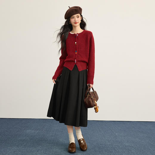 【周四狂欢价】熙世界含羊毛红色厚毛衣女新年穿搭2025秋冬复古长袖圆领针织开衫 商品图3