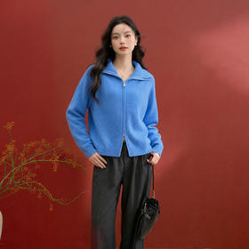 【限时秒杀】西遇宽松针织开衫外套女秋季新款韩版双拉链蓝色高领毛衣V0055468/SS051607