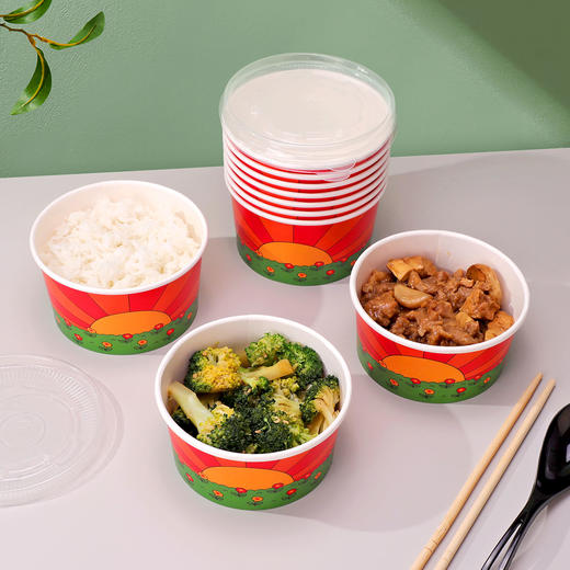喇叭花一次性纸碗加厚圆形外卖小吃糖水打包餐盒花田日出汤碗带盖 商品图1