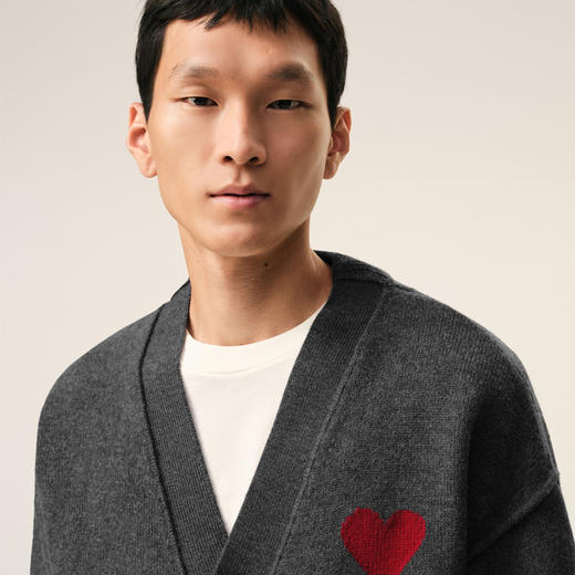 AMI 男女同款心形徽标刺绣嵌花羊毛针织开衫 深灰色 UKC367 U018 084 商品图5