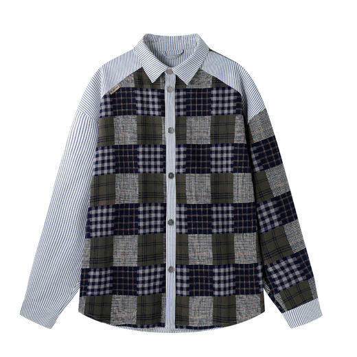BJHG不计后果复古格子衬衫外套男款春季叠穿内搭拼接条纹翻领衬衣 商品图4