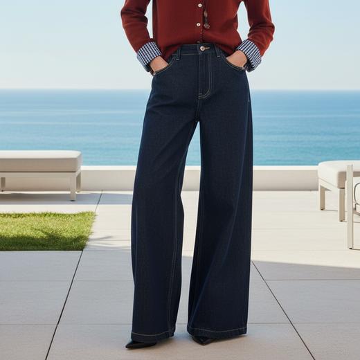 Famecoco复古深蓝加厚牛仔裤宽松高腰阔腿裤显瘦百搭FAD8GA122 商品图0