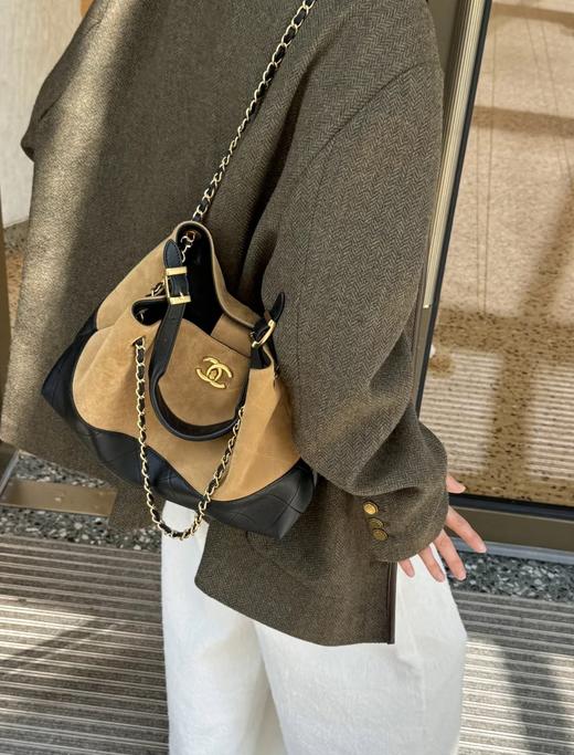 代工厂新款麂皮拼纯皮托特hobo大容量链条单肩斜挎包 商品图8