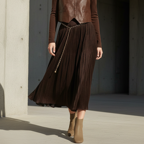 Famecoco范可儿高级复古纯色百褶裙优雅百搭长款半身裙FAD8HA112