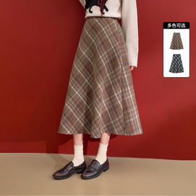 西遇毛呢a字半身裙女秋季新款复古高腰宽松显瘦长款格子裙V0055469