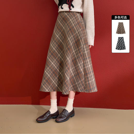 西遇毛呢a字半身裙女秋季新款复古高腰宽松显瘦长款格子裙V0055469 商品图0
