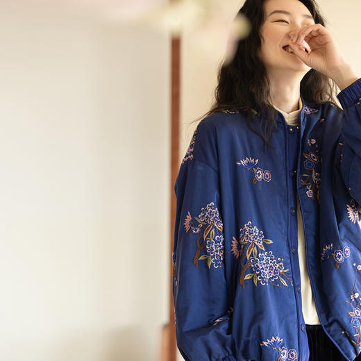 牧衣游原创 重磅丝棉匹绣夹棉棉衣新款保暖蓝色复古禅意棉服 青时 商品图0
