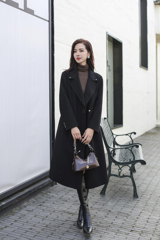 SZ6C15_漆黑色/栀黄色_大衣_冬季_西装大翻领收腰收褶A字摆中长款_高级女装_BERNIEELEN 伯妮斯茵 商品图5