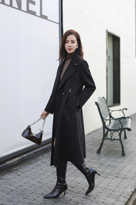 SZ6C15_漆黑色/栀黄色_大衣_冬季_西装大翻领收腰收褶A字摆中长款_高级女装_BERNIEELEN 伯妮斯茵 商品图6