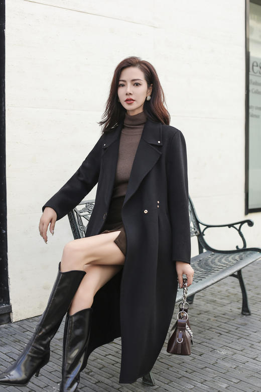 SZ6C15_漆黑色/栀黄色_大衣_冬季_西装大翻领收腰收褶A字摆中长款_高级女装_BERNIEELEN 伯妮斯茵 商品图4