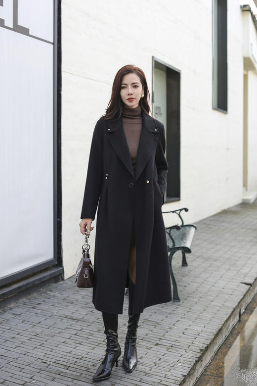 SZ6C15_漆黑色/栀黄色_大衣_冬季_西装大翻领收腰收褶A字摆中长款_高级女装_BERNIEELEN 伯妮斯茵 商品图1