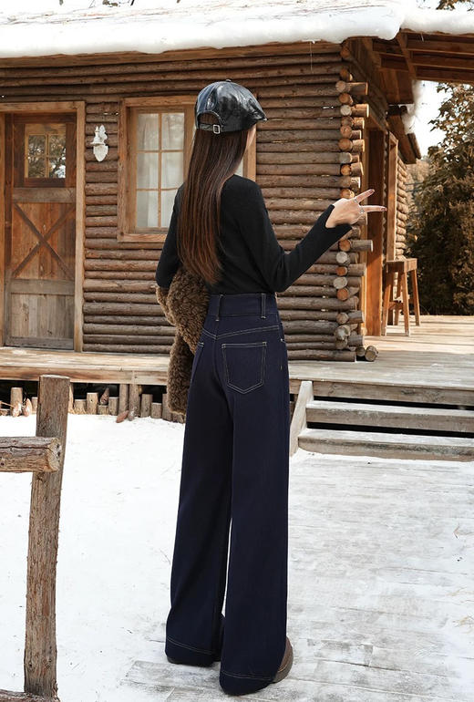 直发【68201 】防褪色抗皱~ 丹宁蓝 加绒四面弹高腰显瘦抗皱微喇牛仔裤 商品图2