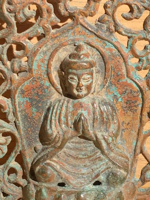 青铜镂空唐草纹背光如来佛坐像，顺丰包邮 商品图5