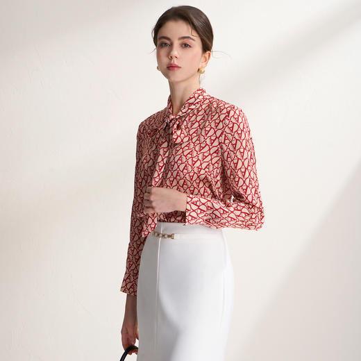 EITIE爱特爱复古飘带气质通勤直筒显瘦印花衬衫上衣2025春季新款8109806 商品图3